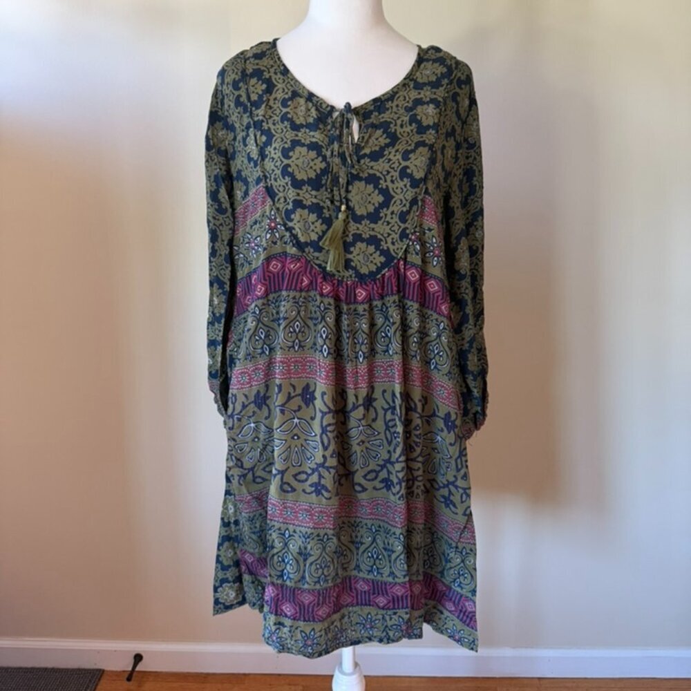 Les Petits Pois & Batikoko 100% Silk Long Sleeve Mini Green Blue Dress XL NWOT